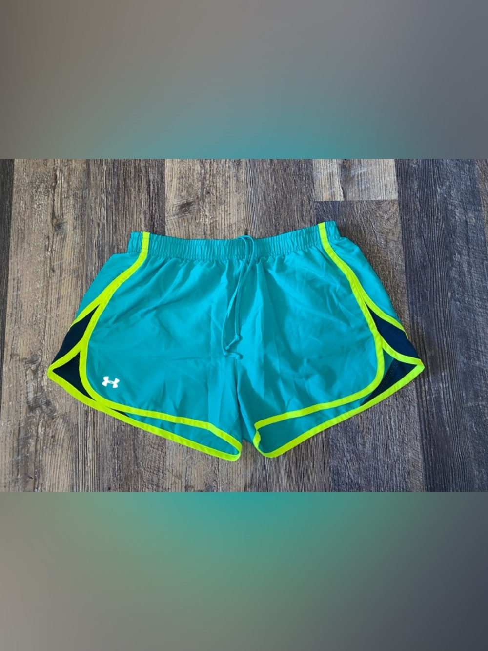 Under Armour Teal Running Shorts with Neon Yellow Trim